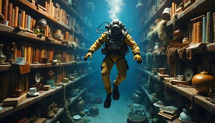 Underwater Diver in Sunken Library