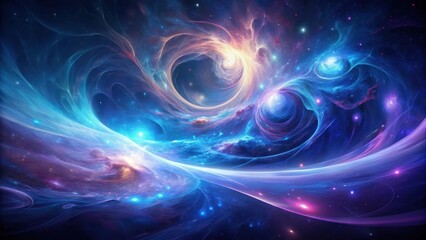Ethereal glow on a darkened canvas created with abstract swirling patterns of blue and purple hues evoking an otherworldly atmosphere, celestial, molecular structure