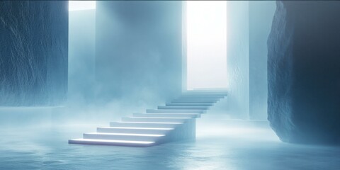A serene, ethereal staircase leading to a bright light, ideal for themes of hope, transition, and enlightenment. Suitable for inspirational and spiritual contexts.