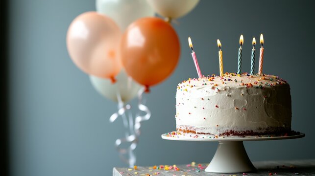 A birthday celebration adorned with a cake, balloons, confetti, and bunting, offering a delightful dessert and a festive, colorful party event