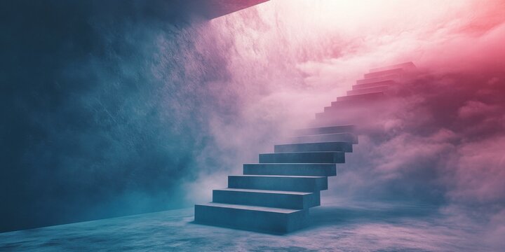 Surreal staircase emerging from mist, ideal for themes of aspiration, mystery, and journey. Suitable for fantasy, architecture, or motivational content.