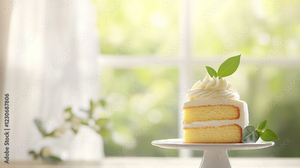 Poster a macro photo of a cake section resting on a dish with greenery above, and a window visible behind