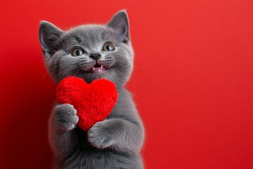 Digital ads artwork concept art. Cute chartreux feline infant with fluffy red heart - sign of love, funny greeting card. Chartreux - my desired cat. Love and pets photo. Red-themed animal.