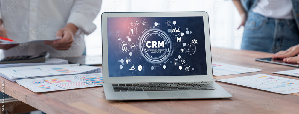 Poster customer relationship management system on brisk computer for crm business and enterprise