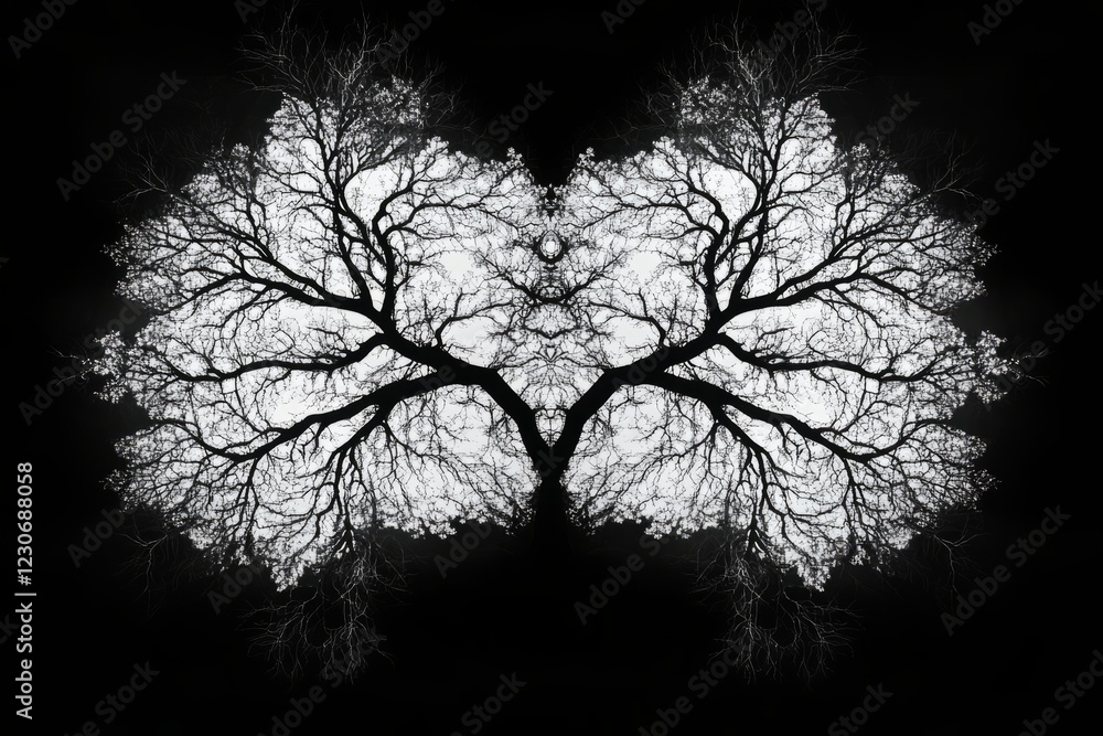 Poster a striking black and white image of a tree silhouette mirrored to form a symmetrical pattern against