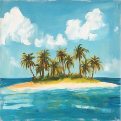Fototapeta premium A vibrant oil painting of a tropical island with palm trees surrounded by turquoise waters and a clear blue sky.