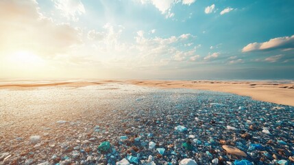 Obraz premium A beach with a large amount of plastic waste. The sun is shining on the beach, creating a beautiful and serene atmosphere. The plastic waste is scattered all over the beach