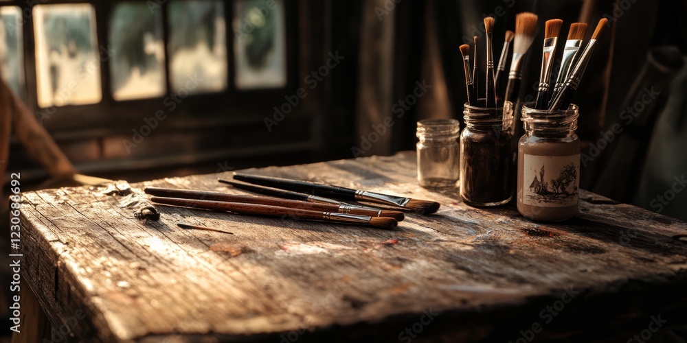Poster sunlit wooden table with paintbrushes in jars, creating a warm and inviting artist's studio atmosphe