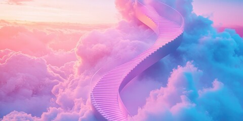 Surreal staircase ascending through colorful clouds, ideal for fantasy themes, inspirational content, and dreamlike visuals.