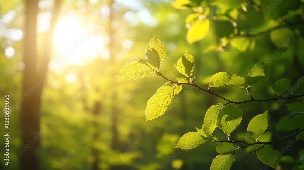 Poster sunlit spring leaves in a lush forest setting