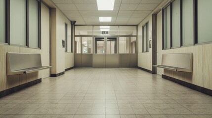 Empty hospital corridor with tiled floor, benches, and doors.