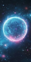 Fototapeta premium A blue and pink planet in space. The planet is surrounded by stars. The stars are scattered all over the sky
