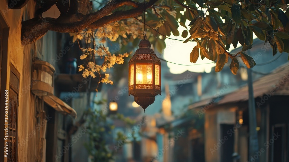 Poster illuminated lantern hanging from tree branch in alleyway