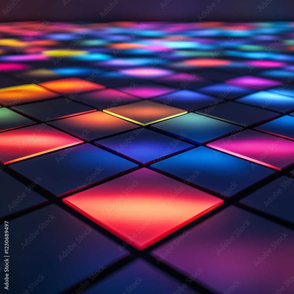 Poster vibrant neon tiles illuminated in a dark room creating a futuristic and colorful abstract pattern