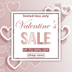 Valentine's Day sale, template discount banner design with glow hearts on a gradient backdrop to promote purchases in the 14 feb. modern vector illustration for poster, flyer, social media, background