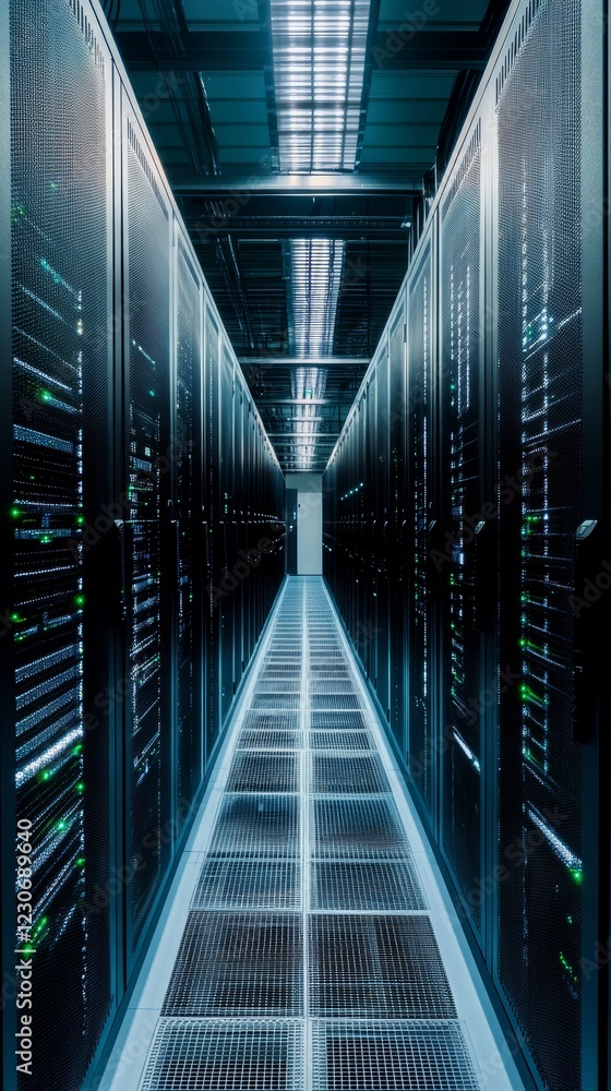 Poster modern data center corridor with advanced server racks and efficient cooling systems