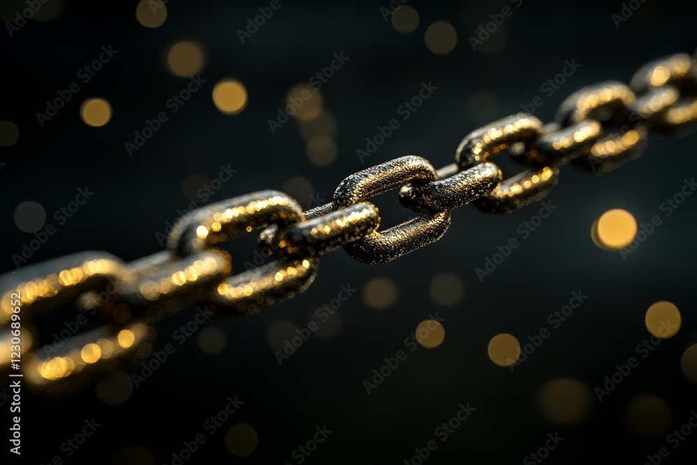 Poster close-up view of a shiny metal chain with blurred golden bokeh background