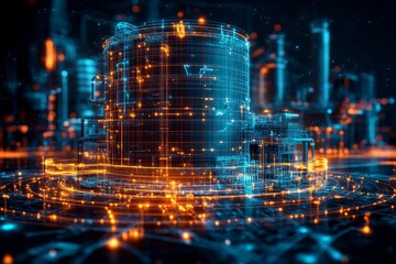 Digital transformation of an industrial facility with futuristic elements in a vibrant urban environment