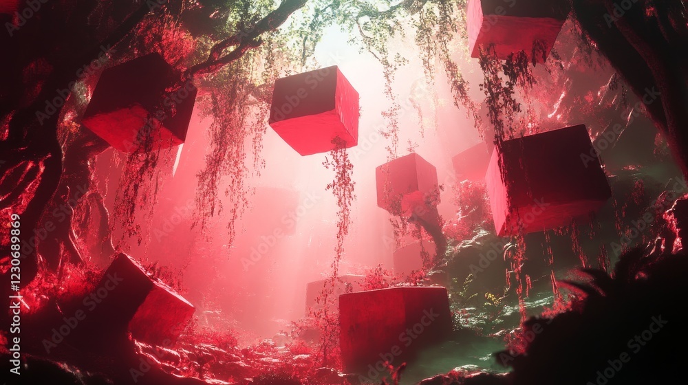 Poster discover a surreal forest scene featuring floating red boxes amidst lush greenery, bathed in etherea