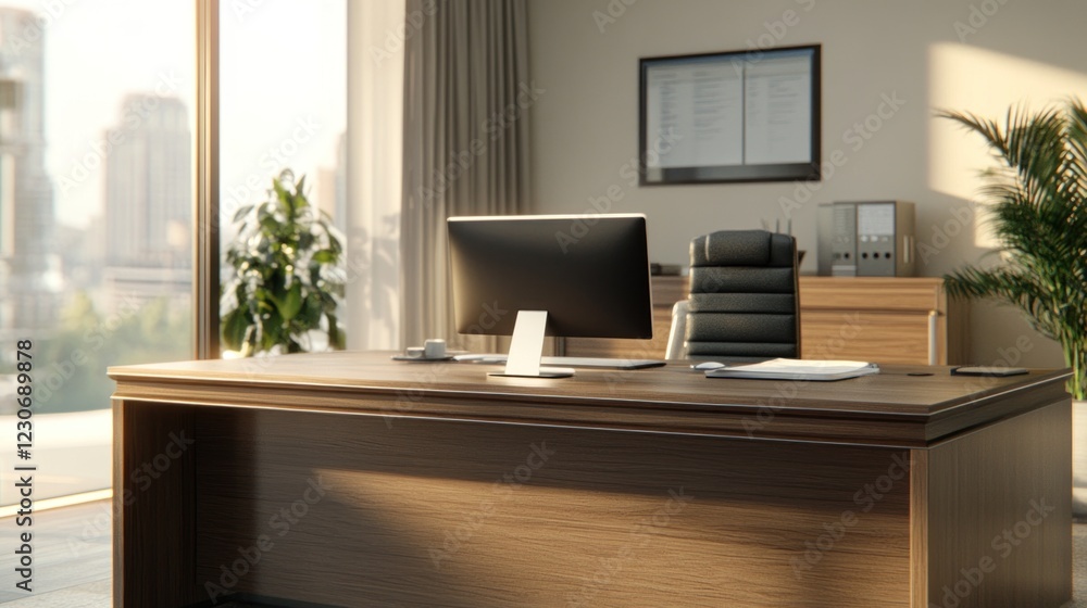 Aufkleber modern office desk with computer and city view