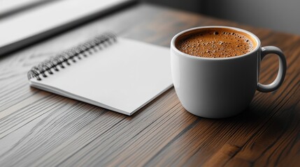 Coffee cup and blank notepad on wooden table