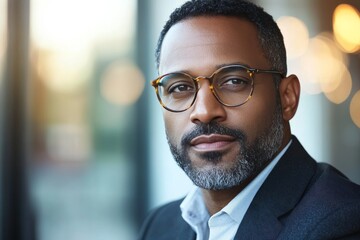 Fototapeta premium Portrait of a confident man in glasses, showcasing style and sophistication in a modern urban setting during golden hour