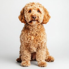 An ultra-realistic, full-body photograph of a golden doodle dog sitting against a white background