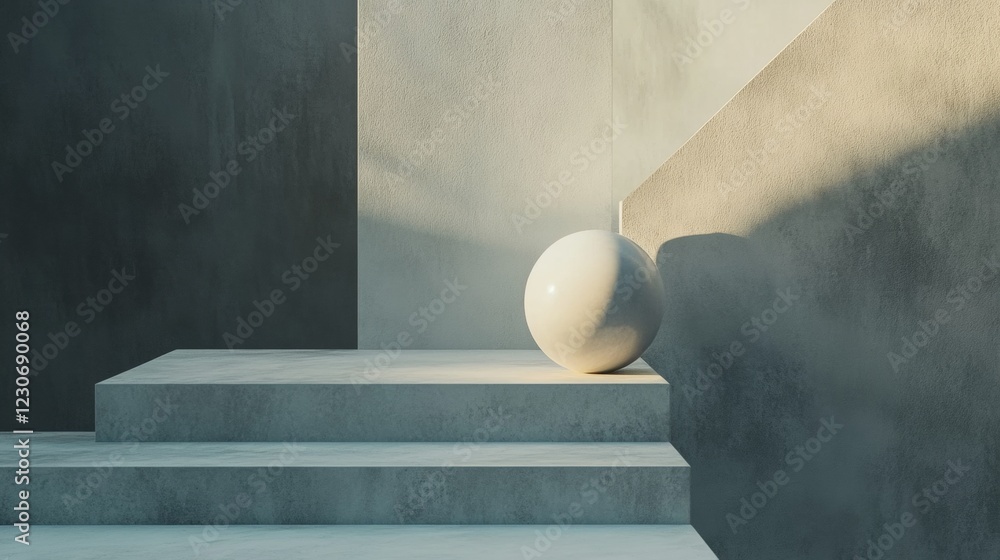 Poster an abstract geometric scene featuring a smooth sphere resting on stepped surfaces. the interplay of 