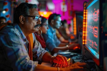 An older man with glasses intently uses a computer in a dimly lit room, surrounded by others.