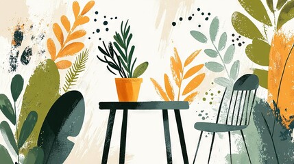   A chair and table with a potted plant in front of a wall - Painting