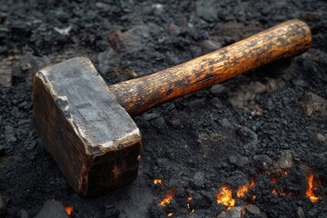 Heavy hammer rests on blacksmithing coals in a traditional forge workshop setting