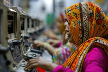Obraz premium Women in a textile factory operate vintage machinery, showcasing their skill and dedication.