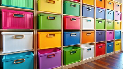 Colorful storage boxes with neatly arranged contents in a side view