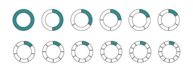 Pie chart set. Circle division infographic isolated. Infographic wheel segment and fraction PNG