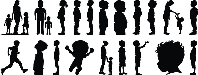 Kid silhouettes set, child pack of vector silhouette design, isolated background