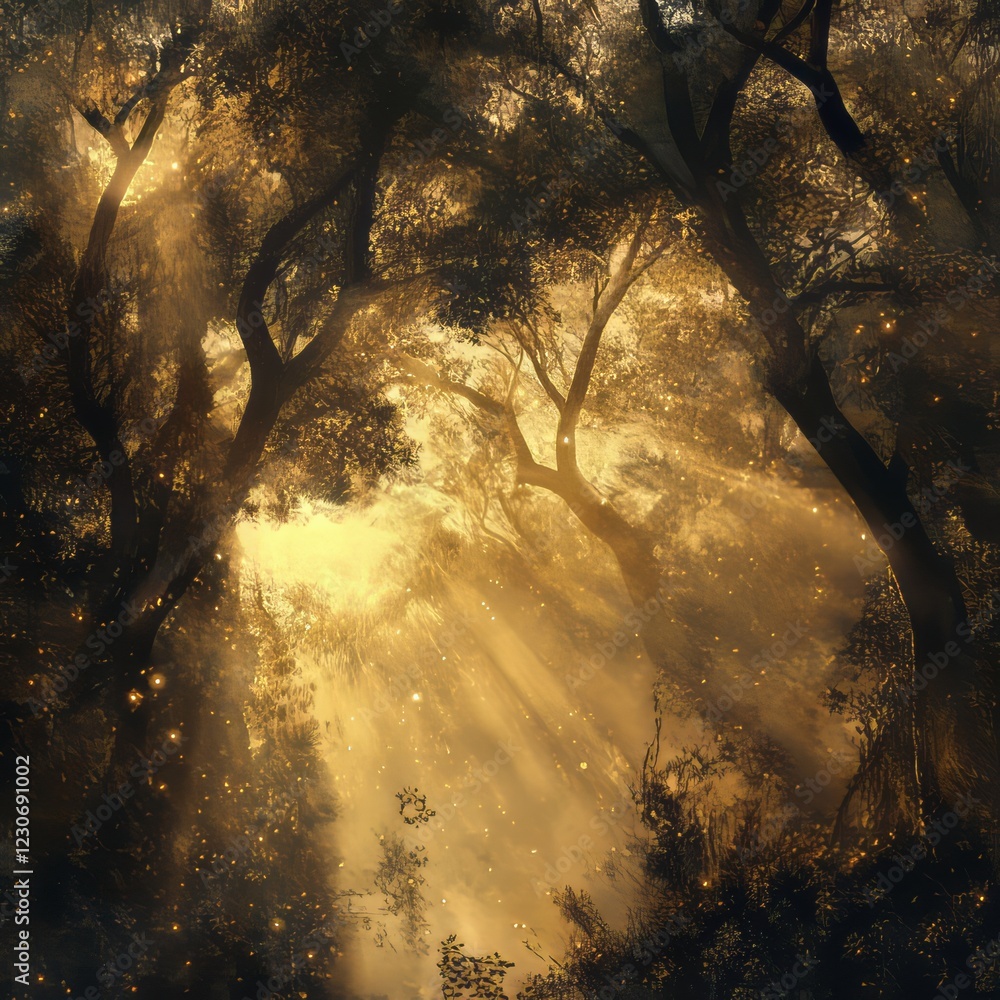Poster sunlight filters through dense forest trees, illuminating magical sparkles and creating a mystical, 