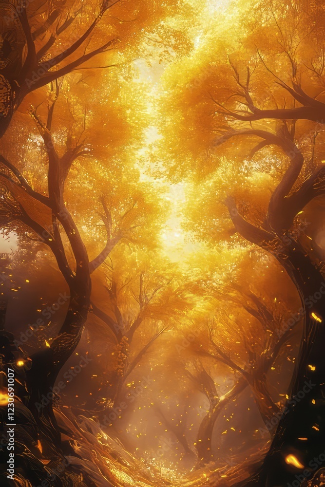 Poster captivating autumn forest scene with golden leaves and sunlight filtering through trees, creating a 