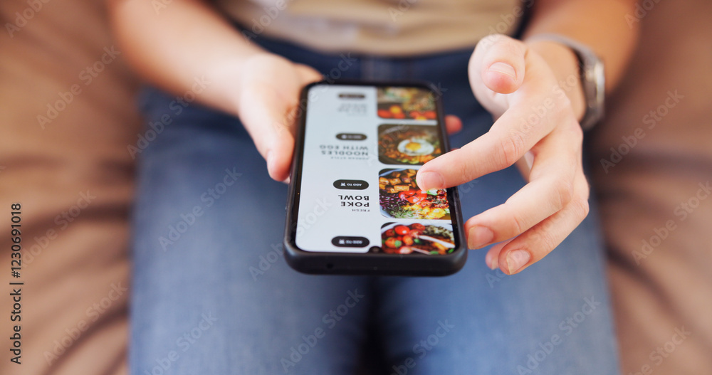Poster hands, phone and person in home on app for online order of food for dinner, lunch or supper. technol