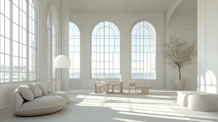 Minimalist White Room With Ocean View And Modern Furniture