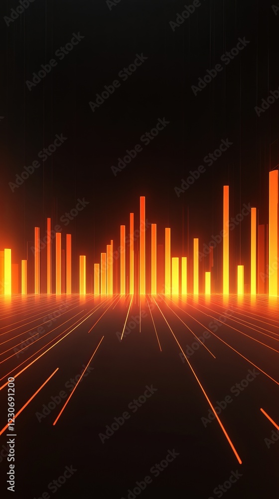 Poster dynamic abstract visualization of orange neon data bars in a dark futuristic setting