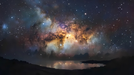 Fototapeta premium Landscape of the milky way galaxy with the lagoon nebula and galaxy in the background, milky way, lagoon nebula. Celestial Lagoon. Illustration