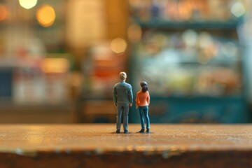 Miniature couple holding hands, gazing at a blurred, warm-toned background.