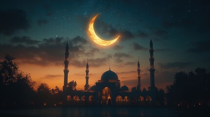 Majestic Mosque Silhouette Underneath Crescent Moon And Stars