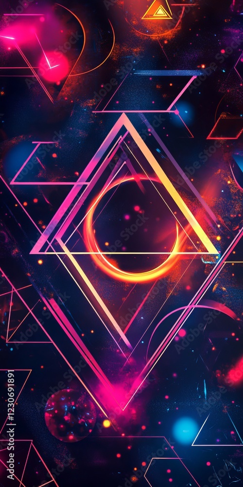 Poster a vibrant abstract design featuring neon geometric shapes and dynamic colors, creating a futuristic 