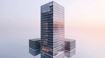 minimalist 3D model of a modern skyscraper in isometric view