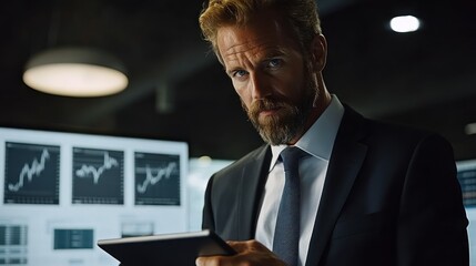 Businessman reviewing financial data on tablet