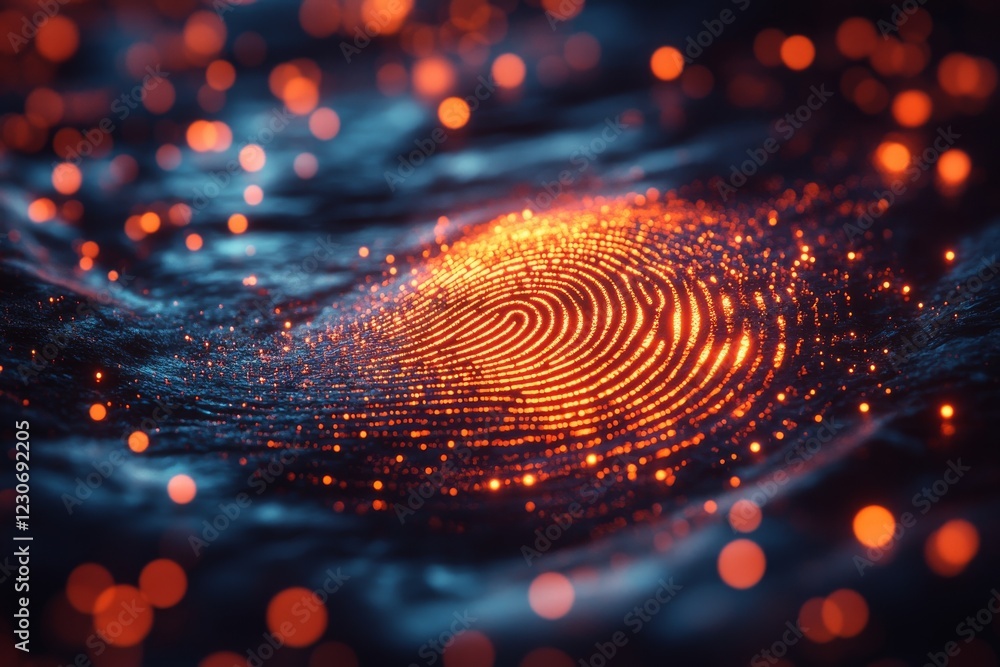 Aufkleber unique fingerprint pattern illuminated by vibrant orange particles against a dark background showcas