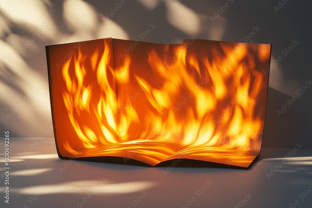 Poster flame-like design emerging from an open book on a table with dramatic lighting effects