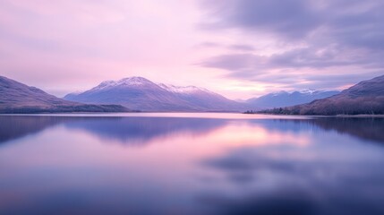 Obraz premium Serene mountain lake sunrise reflection, peaceful landscape, ideal for travel or nature websites