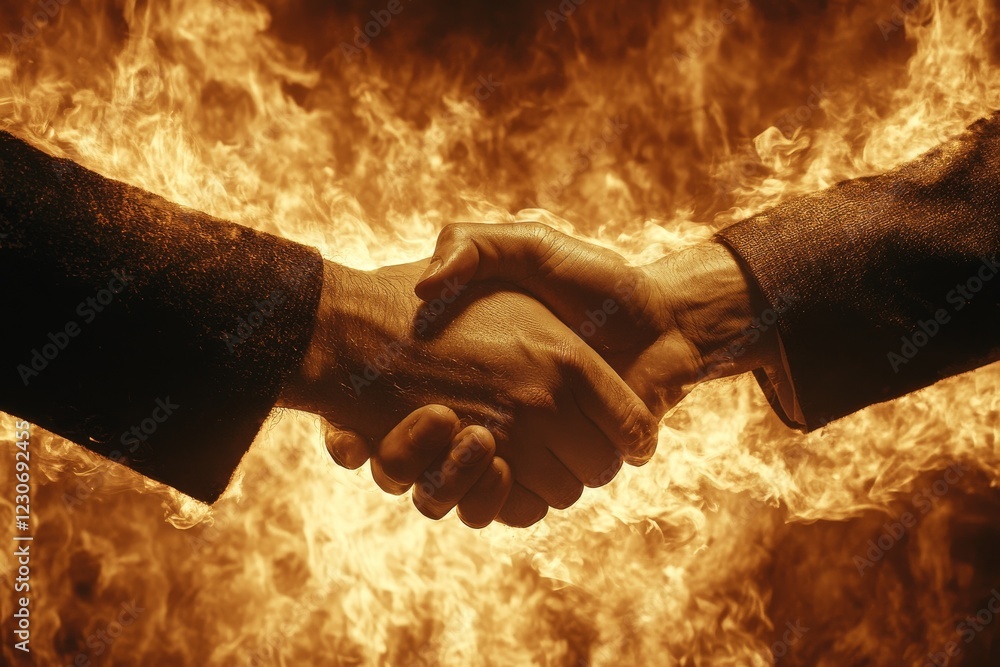 Poster two hands shake firmly against a backdrop of flames symbolizing strength and unity in a heated momen